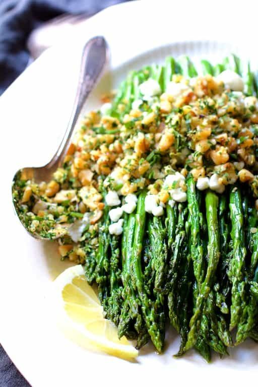 Roasted Asparagus with Goat Cheese and Walnut Lemon Gremolata Recipe | HeyFood — heyfoodapp.com