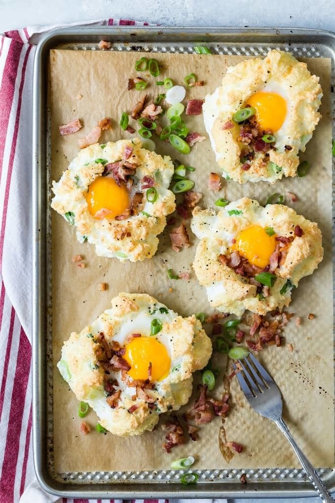 Cloud Eggs with bacon and Gruyere. Recipe | HeyFood — heyfoodapp.com
