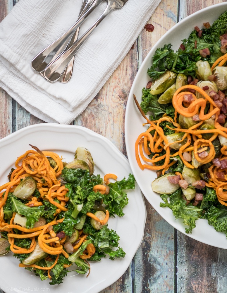 Warm Kale, Sweet Potato and Brussels Sprout Salad Recipe | HeyFood — heyfoodapp.com