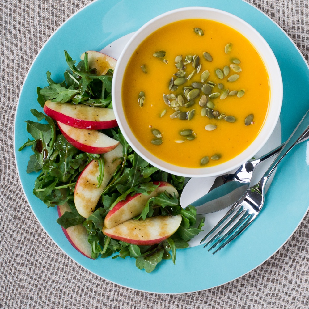 Butternut Squash Soup With Pumpkin Seeds & Arugula-Apple Salad Recipe | HeyFood — heyfoodapp.com