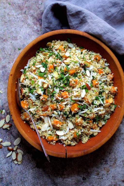 Lemony Quinoa with Butternut Squash Almonds and Parmesan Cheese Recipe | HeyFood — heyfoodapp.com