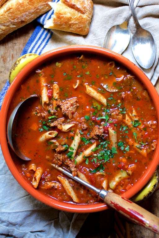 Spicy Italian Sausage Whole Grain Penne Pasta and Vegetable Soup Recipe | HeyFood — heyfoodapp.com