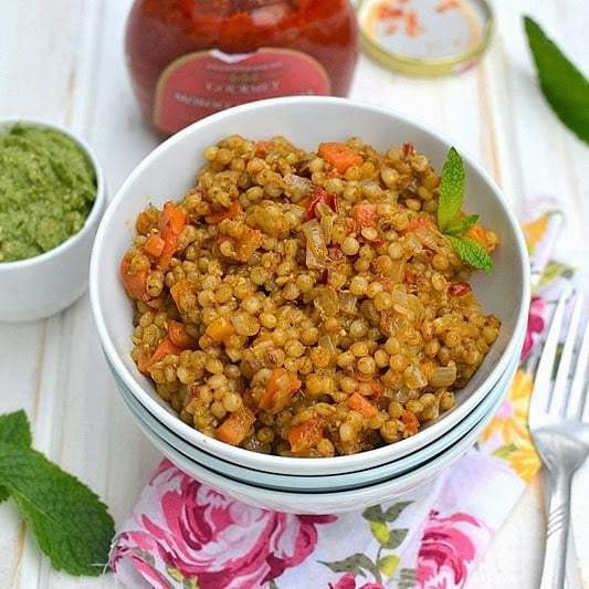 Israeli Couscous with Pesto & Carrots Recipe | HeyFood — heyfoodapp.com