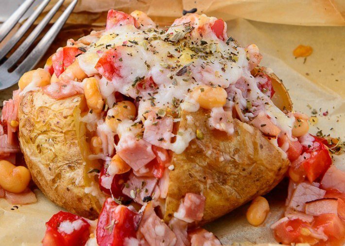 The Ultimate 5 Ingredient Ham & Cheese Baked Potato Recipe | HeyFood — heyfoodapp.com