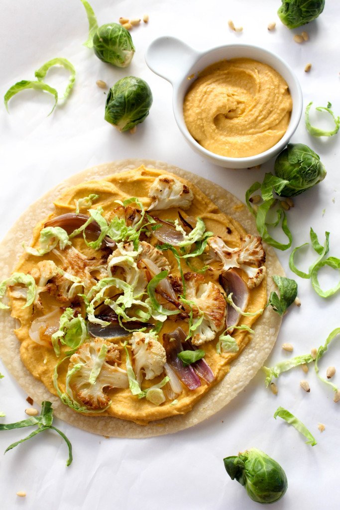 Hummus and Roasted Veggie Tortilla Pizzas Recipe | HeyFood — heyfoodapp.com