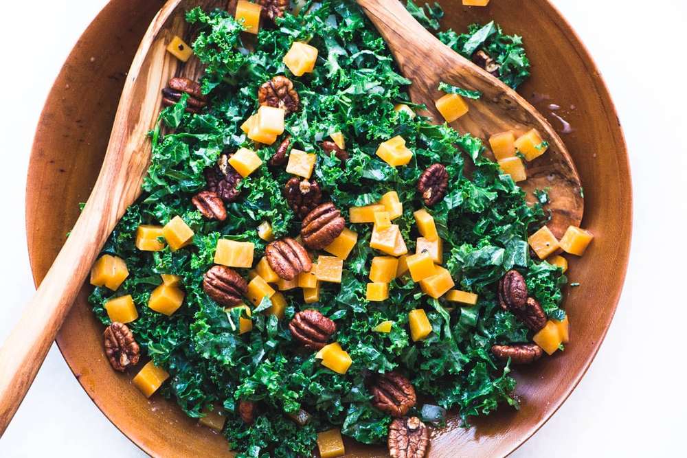 Kale and Butternut Salad with Maple Spiced Pecans Recipe | HeyFood — heyfoodapp.com