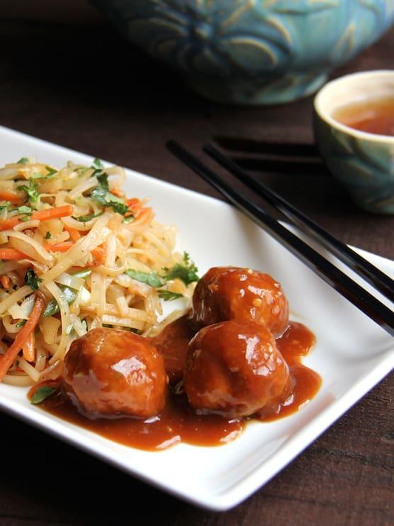 Hoisin Glazed Pork Meatballs and Rice Noodles with Cabbage and Carrots Recipe | HeyFood — heyfoodapp.com