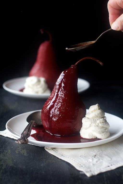 Spiced Red Wine Poached Pears with Vanilla Mascarpone Whipped Cream Recipe | HeyFood — heyfoodapp.com
