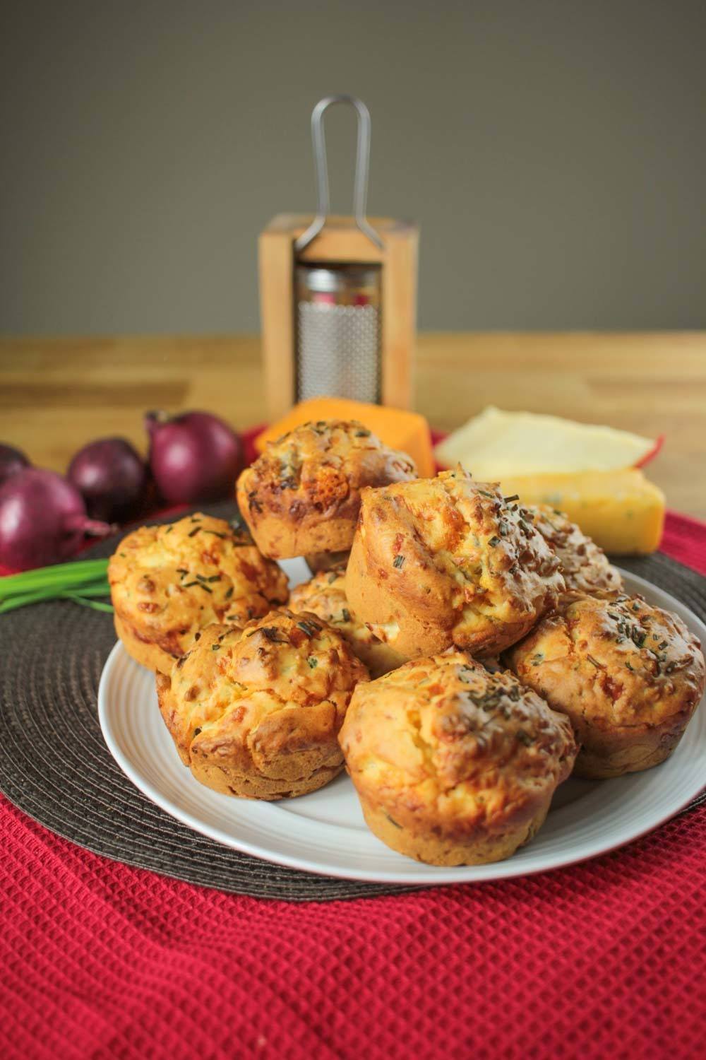 Three Cheese and Red Onion Muffins Recipe | HeyFood — heyfoodapp.com