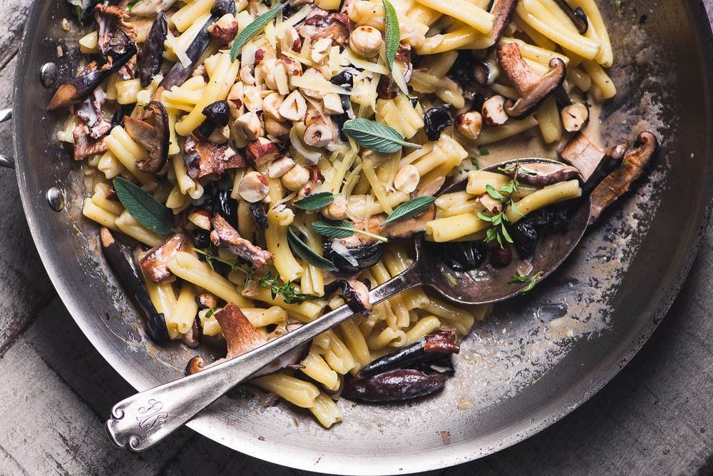 Pasta with Wild Mushrooms and Hazelnuts & Gruyere Recipe | HeyFood — heyfoodapp.com
