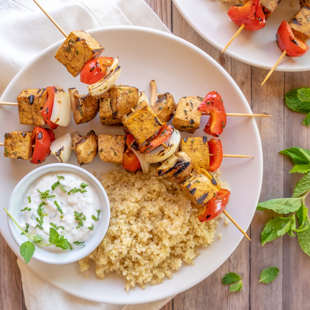 Balsamic Tofu Veggie Kebabs With Quinoa & Minted Yogurt Sauce Recipe | HeyFood — heyfoodapp.com