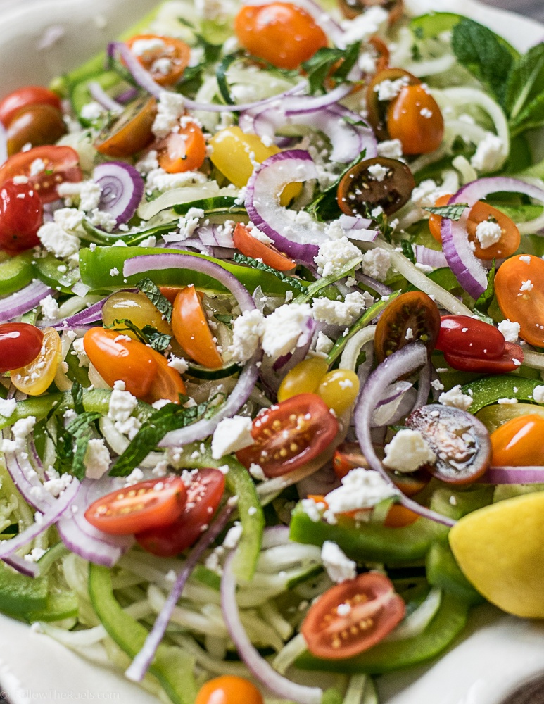 Spiralized Cucumber Greek Salad Recipe | HeyFood — heyfoodapp.com