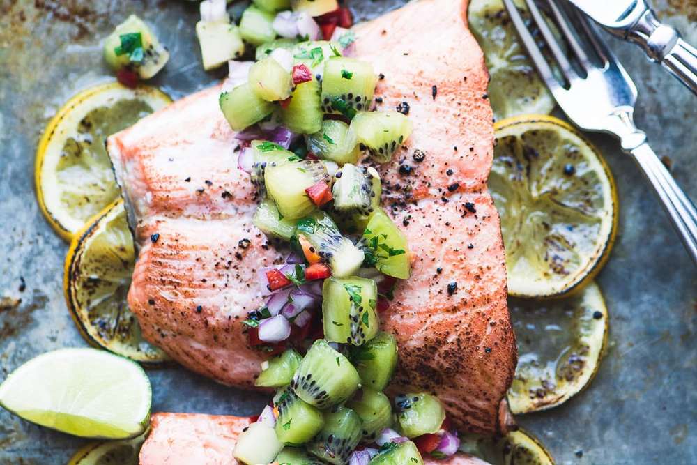 Roasted Salmon with Spicy Kiwi Salsa Recipe | HeyFood — heyfoodapp.com