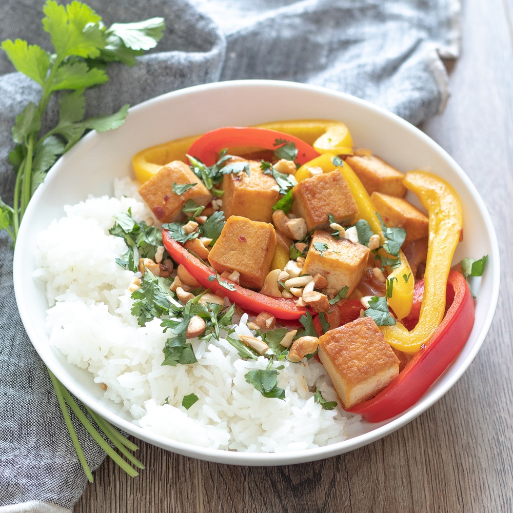 Spicy Tofu & Pepper Stir-Fry With Cilantro Rice Recipe | HeyFood — heyfoodapp.com