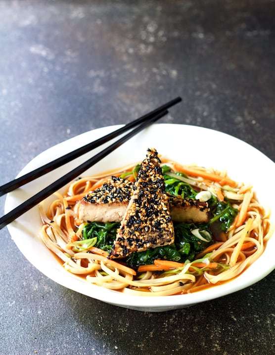 Sesame Tofu with Spinach and Rice Noodles in Ginger Broth Recipe | HeyFood — heyfoodapp.com