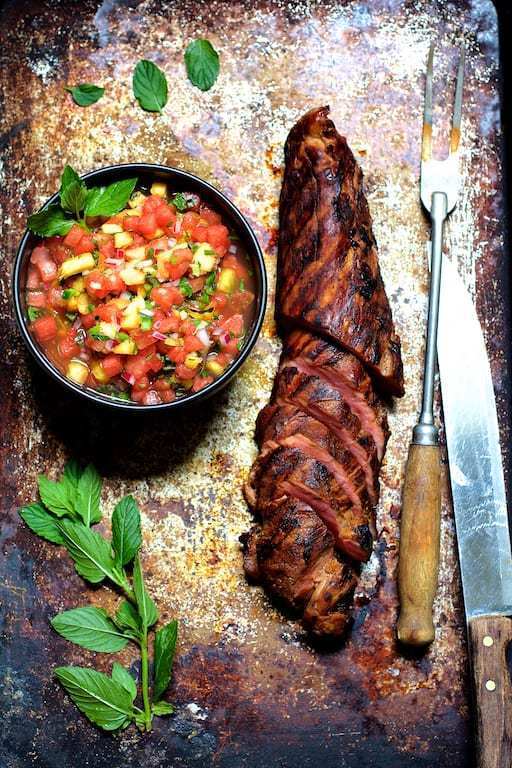 Bourbon Marinated Pork Tenderloin with Peach Watermelon Salsa Recipe | HeyFood — heyfoodapp.com