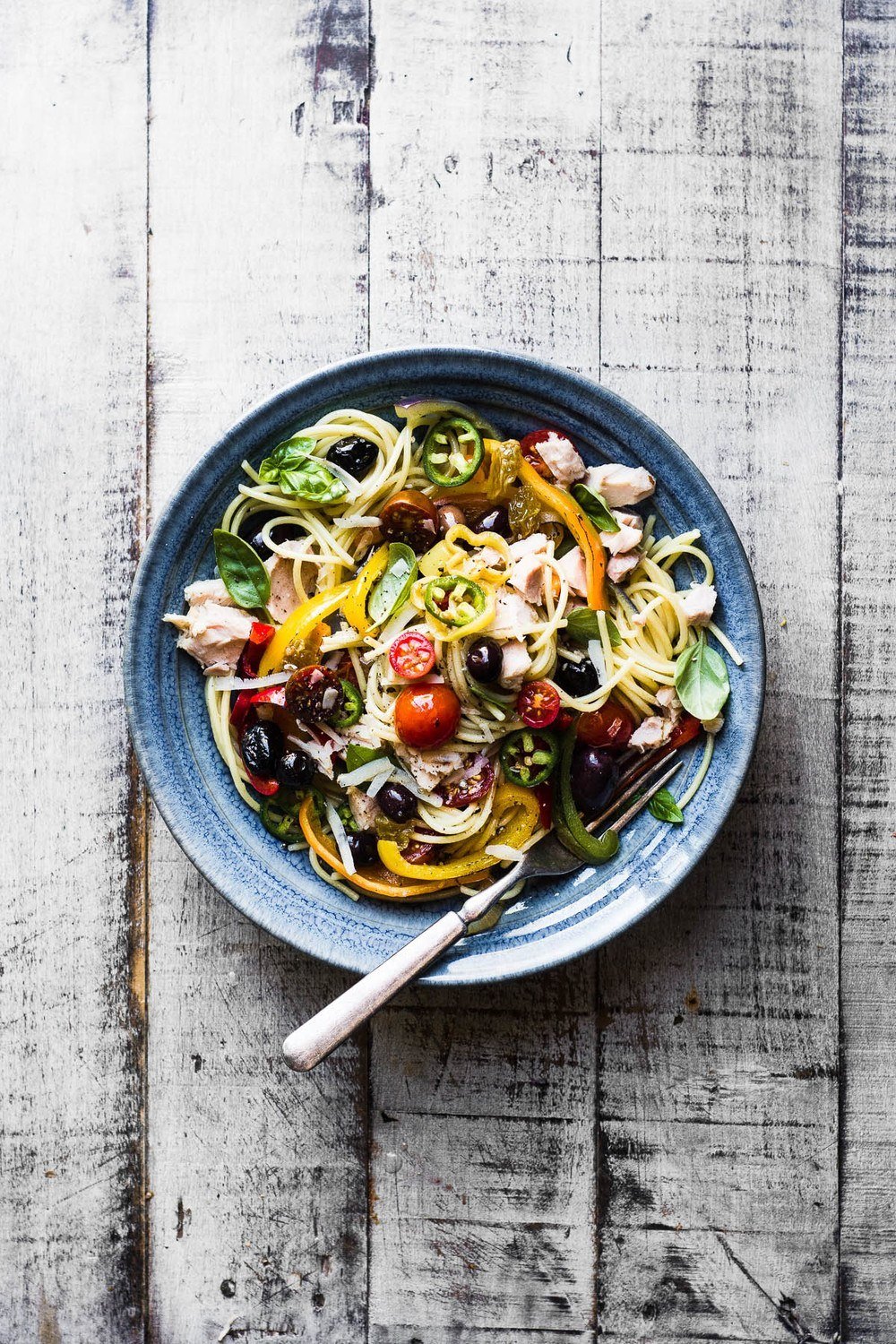 Spaghetti Peperonata with Tuna and Olives Recipe | HeyFood — heyfoodapp.com