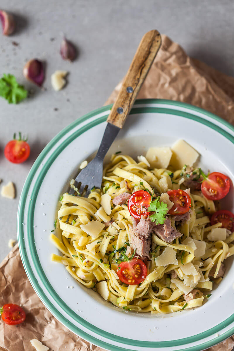 15-minute Zucchini Tuna Egg Noodles Recipe | HeyFood — heyfoodapp.com