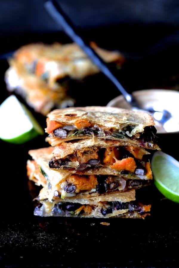 Sheet Pan Sweet Potato Poblano and Black Bean Quesadillas with Chipotle Sour Cream Recipe | HeyFood — heyfoodapp.com